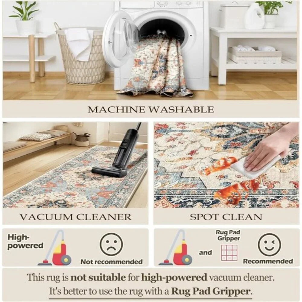 New 5x7 Washable Non-Slip Floral Vintage Rug Medallion Carpet - Beige Navy